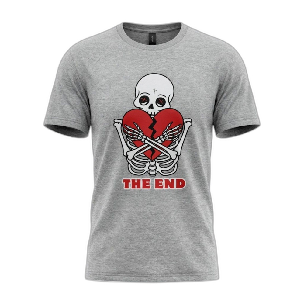 The End | Deadly Broken Hearts Skeleton Graphic T-Shirt Gray Streetwear Mens XL